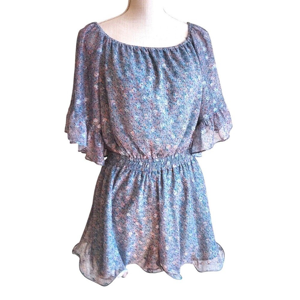Endless Rose‎ Anthropologie Floral Print Smocked Ruffle Sleeve Romper Teal Small